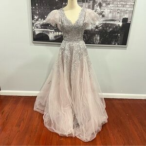 Mac Duggal Embellished Floral Embroidered Flutter Sleeve VNeck Sparkly Ballgown